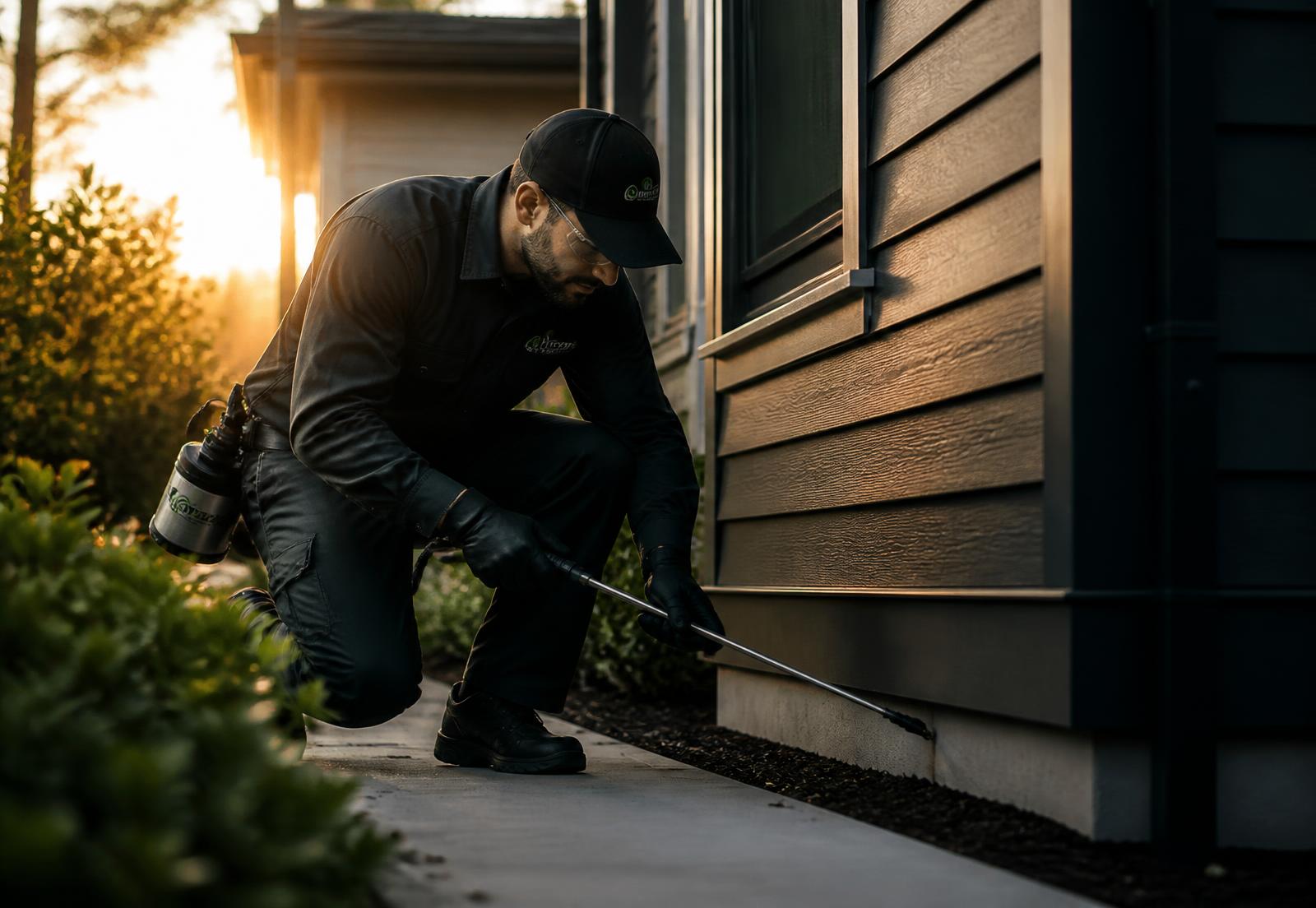 Pest control technician treating the perimeter of a suburban home at sunset